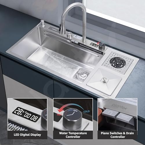 Image of Plantex 304 Grade Stainless Steel Smart Waterfall Sink /Kitchen Sink with Integrated Waterfall, Cupwasher, Dustbin and Digital Display - All in One Sink for Kitchen (38x18x9 Inch - Silver Matt)