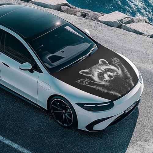 Image of Raccoon Car Hood Cover Stretch Polyester Cover for Car Hood Waterproof Automotive Accessories Easy Installation for Car Hood Decoration and Protection