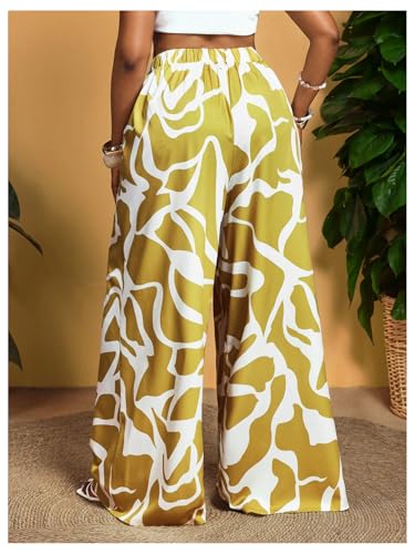 MakeMeChic Women's Plus Size Graphic Wide Leg Palazzo Pants High Waist Belted Trousers3