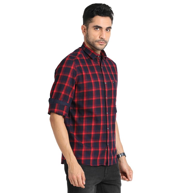 Image of Turtle Men 100% Cotton Indigo Navy Blue Checkered Slim Fit Full Sleeve Casual Shirt