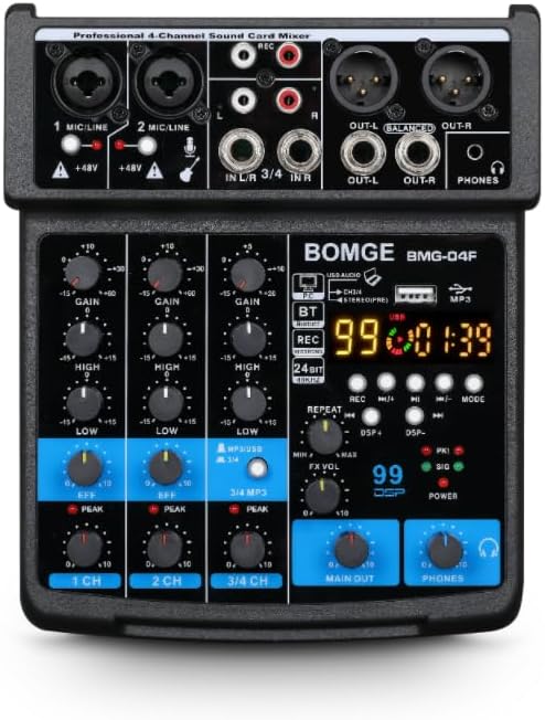 BOMGE 4 Channel Mini DJ Audio Mixer with USB/Bluetooth