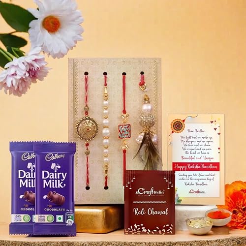 Image of eCraftIndia Set of 4 Floral, Pearls, Diamonds, Lumba Designer Rakhis for Brothers, Bhabhi with 2 Cadbury Dairy Milk Chocolate, Rakhi & Chocolate Gift - Roli Chawal Pack, Raksha Bandhan Card, 300 GMS