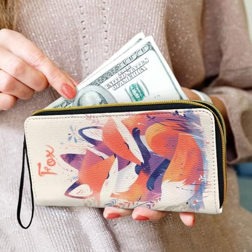 Forest Fox Lover Wallet for Women Red Fox Couple Print Ladies Clutch Wristlet Wrist Strap Long Purse, Natural Animals Zip around Phone Purse Card Holder Organizer3