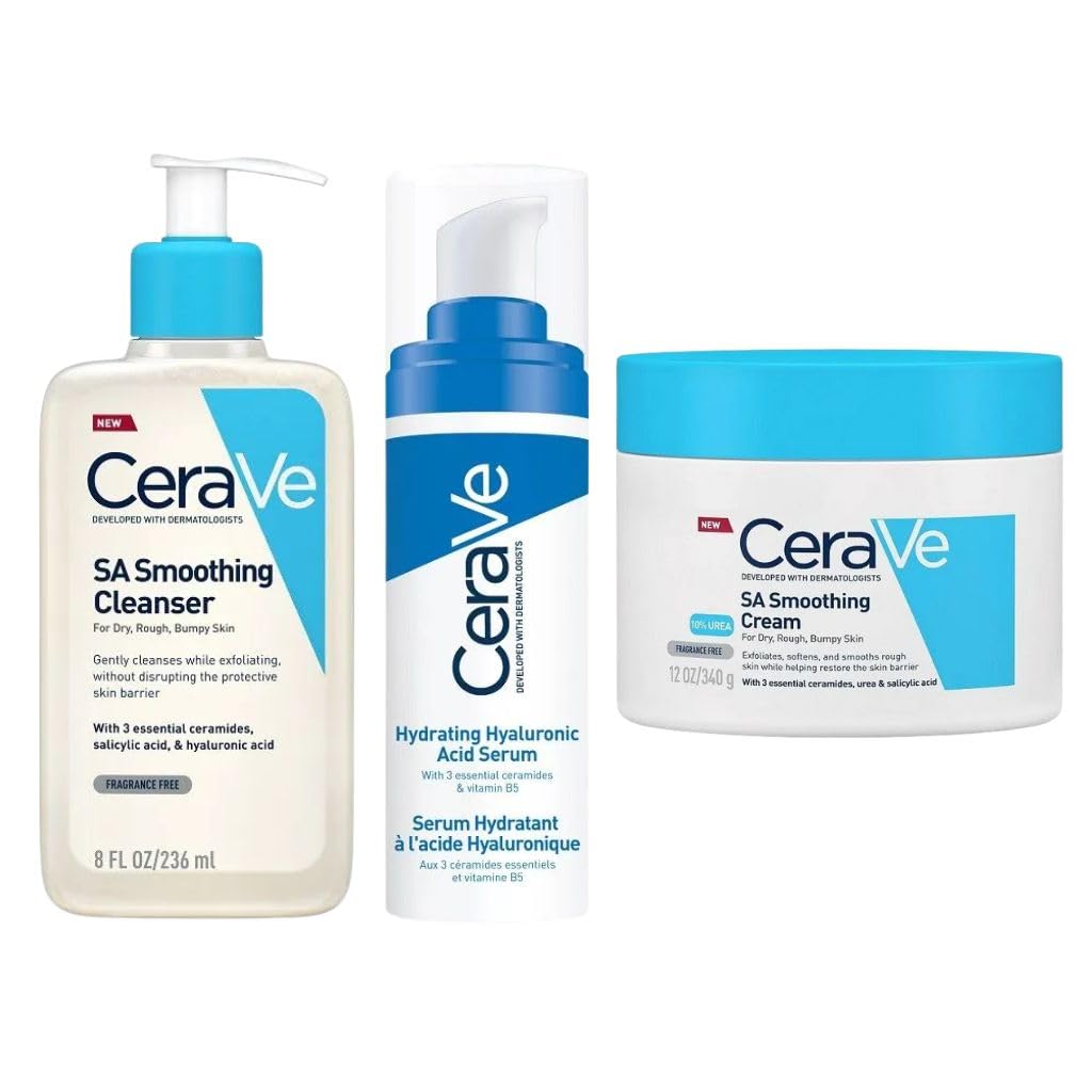 CeraVe SA Smoothing Cleanser 236ml + SA Smoothing Cream 340g + Hydrating Hyaluronic Acid Serum 30ml – Exfoliating & Hydrating Skincare Routine