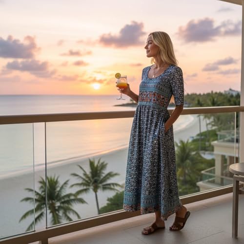 Image of Women's Boho Floral Maxi Dress Casual Boho 2026 Summer Short Sleeve Beach Dresses with Pockets