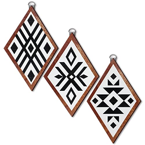 Image of 3 Pcs Western Farmhouse Home Wall Decor Wooden Boho Aztec Southwestern Wall Art Black White Hanging Modern Home Decor Geometric Sign Frame Rustic Wood Prints for Bedroom, 12 Inch (White Background)