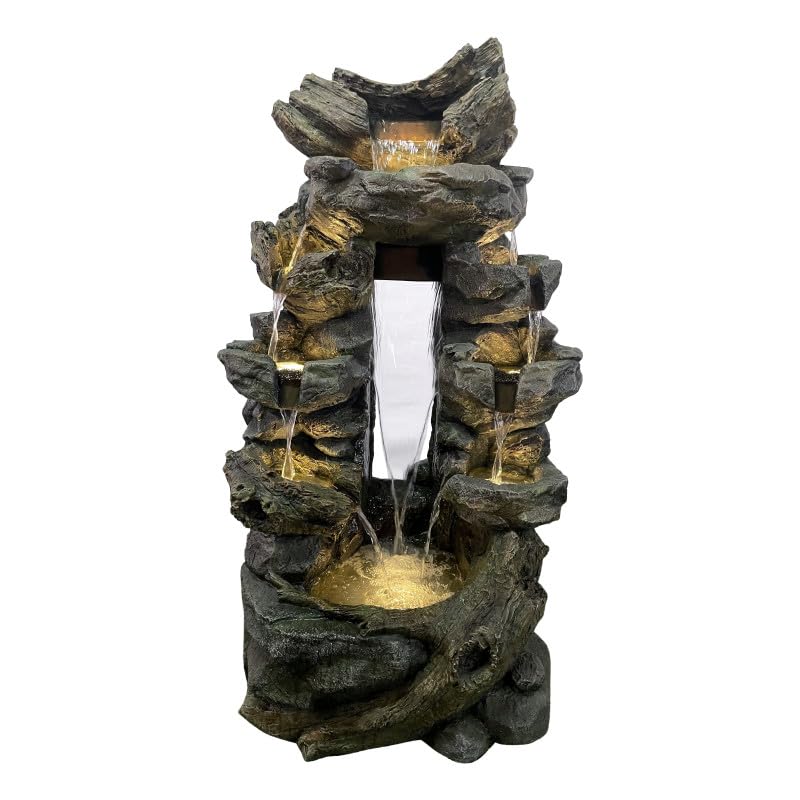 Fontaine de Jardin Art-Pond Niagara | Grande Taille 80x55x142cm en Polyrésine Gris Roche | avec Éclairage LED Blanc Chaud et Pompe 2000L/h | Décoration Extérieure ou Intérieure