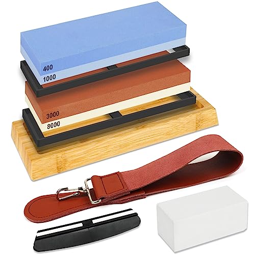 RISEMART Knife Sharpening Stones Set Professional 400 1000 3000 8000 Grit Whetstone for Sharpening Knives with Flattening Stone Non-Slip Base Angle Guide (8 Pcs)