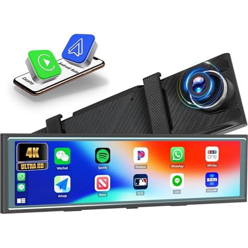 CAMECHO 4K Mirror Dash Cam, 10.99” 2.5D 1920P Full Touch Screen Rear View Mirror Camera with Carplay&Android Auto, WiFi/Voice Control/Night Vision Smart Rearview Mirror for Cars & Trucks