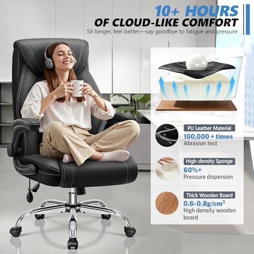 Image of BestGlory Executive Office Chair with Lumbar Support, Big and Tall Ergonomic Computer Desk Chair, Leather Comfy High Back Gaming Chair with Flip Up Arms & Rocking Function for Home Office, Black