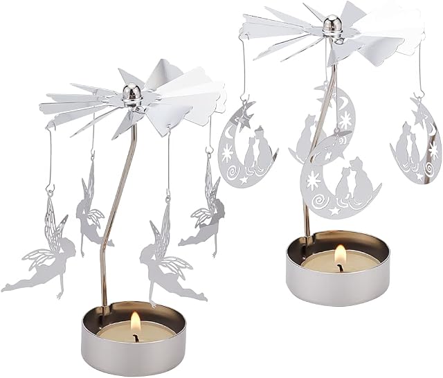 FINGERINSPIRE 2 Sets Rotary Candle Holder, 2 Style Spinning Candle Carousel, Rotating Tea Light Candle Holders for Wedding Home Decor Birthday Gifts (Moon Cat, Fairy)