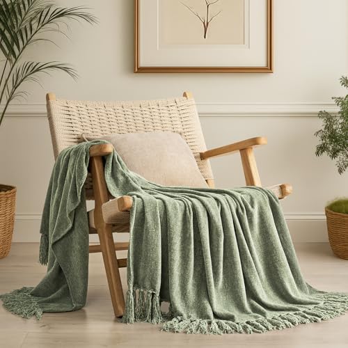 Image of EverGrace Soft Chenille Throw Blanket for Couch, Cozy Plush Fuzzy Decorative Chenille Knit Throw Blanket with Tassels, Lightweight Blanket and Throws for Bed Sofa Gift Home Decor, Sage Green 60"x80"