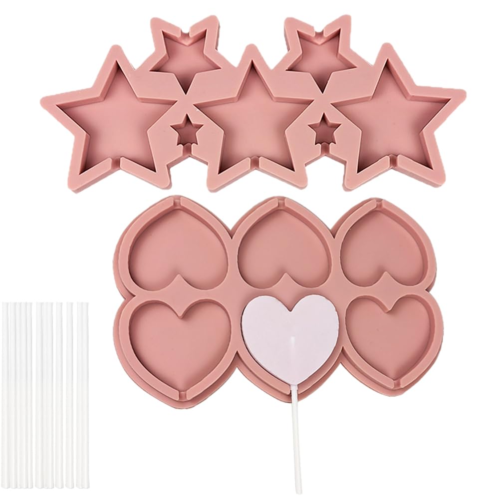 YFTRFR 2 Pcs Lollipop Molds Heart and Star-Shaped Silicone Moulds Chocolate Lolly Mould Contains 24 Lollipop Sticks Food Grade Flexible Former for Gummies for Valentine's Day Party Birthday Reusable