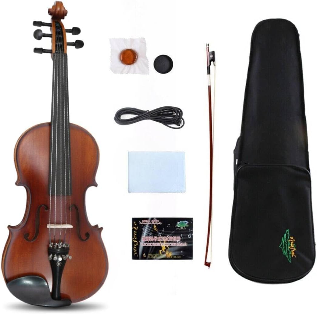 Violino elettrico acustico a 5 corde, 4/4, full size, acero massiccio abete, realizzato a mano, kit violino con custodia, archetto (colore marrone)