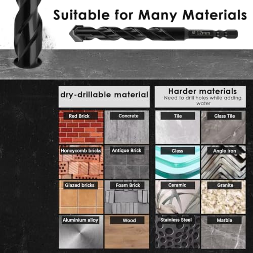 Masonry Drill Bits Set 11PCS Carbide Concrete Drill Bit Set Porcelain Tile Drill Bits for Stone Tile Brick Ceramic Glass Metal Sheet Plastic and Wood - Image 4