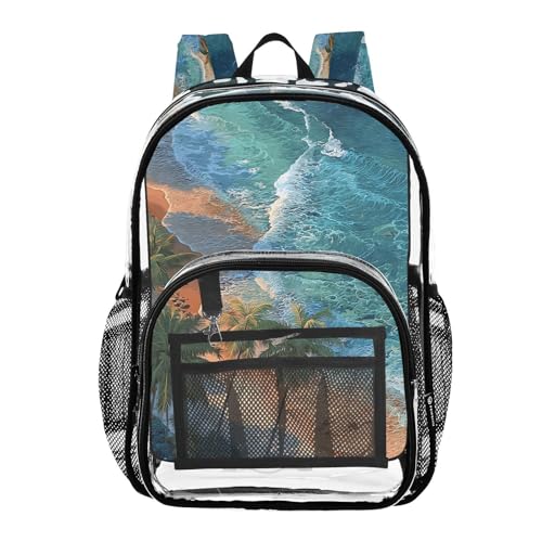 Beach with Palm Trees Ocean Clear Backpack Heavy Duty See Through Transparent PVC BookBag for Kids Boy Girl School Work