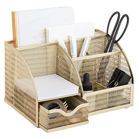 BLU MONACO Gold Mesh Metal Desk Organizer with Drawer – 6 Compartments for Office Supplies and Accessories Cover