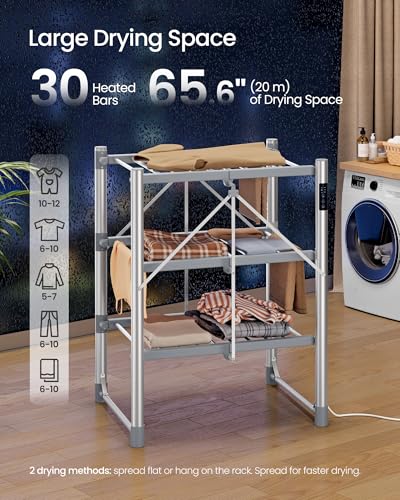 SONGMICS Heated Clothes Airer, 3-Tier Large Electric Clothes Dryer Rack, Foldable, Indoor Drying for Laundry, Control Panel, with Fabric Cover, Aluminium Alloy, Silver LLR705EZ01 - Image 3
