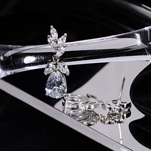 Cz Bridal Earrings For Wedding - 14K Gold/White Gold Plated Teardrop Cz Cluster Floral Leaf Crystal Rhinestone Dangle Drop Earring For Bride Bridesmaids Mother Of Bride Party Prom Earrings For Women Girls #TOP3