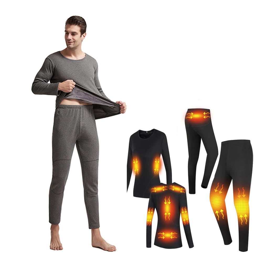 Conjunto de Ropa Interior Térmica Eléctrica para Hombre, Pantalones y Camiseta con Calefacción por USB, Capa Base Exterior con 11 Zonas de Calentamiento,Gris,XXL