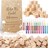 Dinifee 125 Pcs Baby Shower Decorate a Block Game Set Includes Help Us Build Memories Sign 100 DIY Blank Wooden Block 24 Paint Marker Prize for Wedding Baby Shower Game(Cloud)