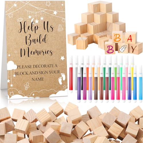 Image of Dinifee 125 Pcs Baby Shower Decorate a Block Game Set Includes Help Us Build Memories Sign 100 DIY Blank Wooden Block 24 Paint Marker Prize for Wedding Baby Shower Game(Cloud)