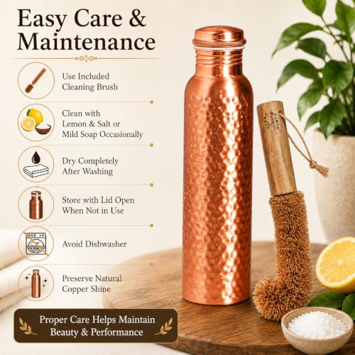 Image of Pure Copper Water Bottle, Copper Drinking Bottle 32 oz, Hammered, Ayurvedic | 100% Pure Copper, Hand Hammered, 32 oz, Leak-Proof Screw Cap, Includes Cleaning Brush, Reusable, Travel-Ready