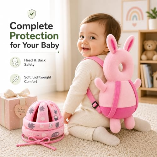 Image of GLUN Baby Back Protector with Head Protective Hat Combo Set, Cute Rabbit Shape Soft Cushioning, Adjustable Shoulder Belt, Head Protection Gear for 6-18 Month Toddler Kids