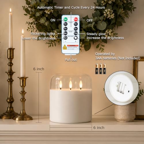 Image of Homemory 6 x 6 Inch Extra Large Flameless Candle, Clear Glass 3-Wick LED Pillar Candle, Pure White Real Wax Candle with Smooth Rounded Rim, Remote Control and Timer for Home Decor