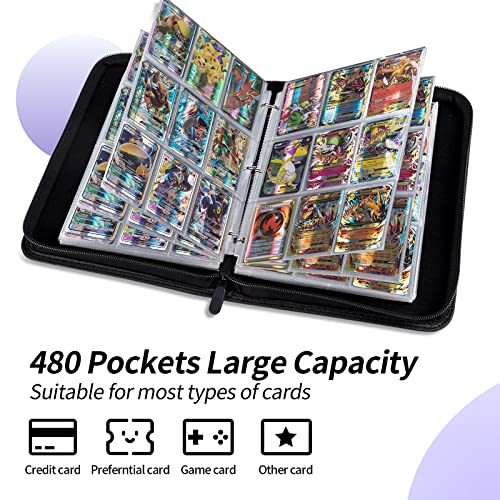 480 Pockets Trading Card Binder Comes With 50 Cartoon Stickers,Collection Display Album With 3-Ring Design & 60 Removable Sheets, Card Sleeve Compatible With Pokemon Card, Sport Card #TOP1
