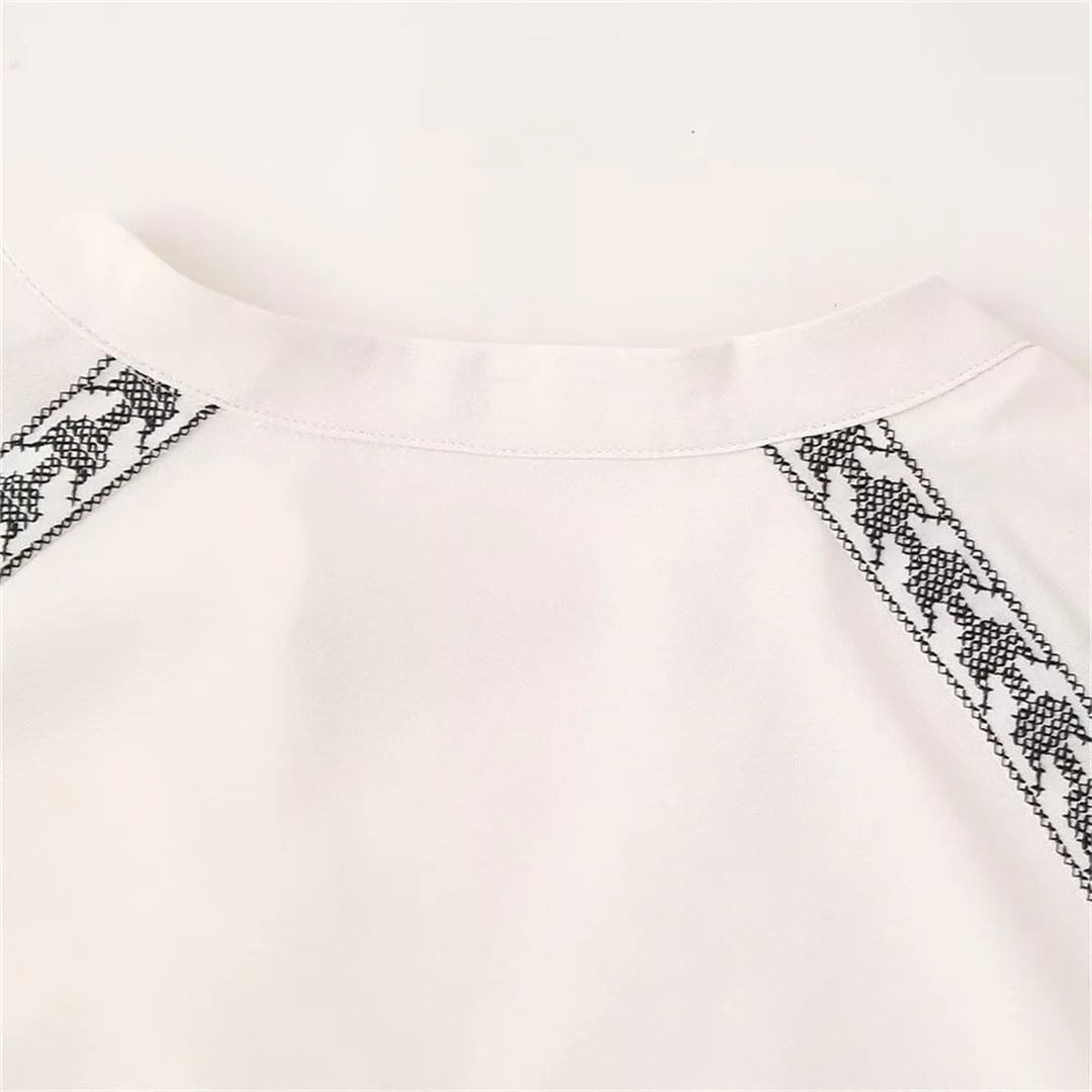 Donne Primavera Scollo a V Manica Lunga Monopetto Allentato Top Contrasto Ricamato Cover Up