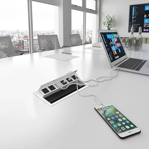 Image of MX Premium Power Console 16A Pop-Up Table Socket with 3 AC Universal Outlets, 2 USB-A Charging Ports & 2 Cat-6 Ethernet Ports, Desk Clamp Power Strip with Master Switch, White, Ideal for Office