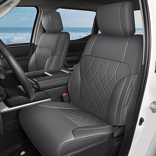 Image of AOMSAZTO Custom Fit for 2022-2024 2025 Toyota Tundra Car Seat Covers CrewMax&Double Cab,Full Set Faux Leather for Toyota Tundra Truck Pickup Seat Covers Darkgrey