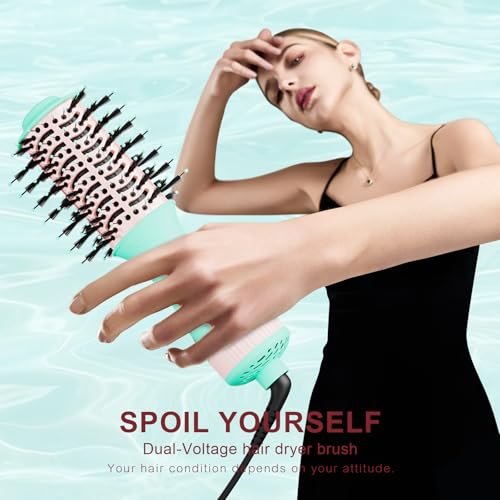 Image of Travel Dual Voltage Hair Dryer Brush,Portable Mini Hot Air Blow Dryer Straightener & Curler,Titanium Oval Blowout Styler Volumizer Tools,Auto Cepillo Secador De Cabello International Travel Essentials