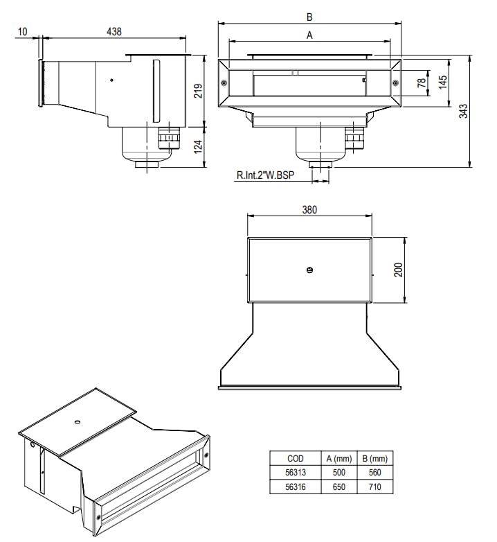 FLUIDRA Skimmers pour piscines de la Marque modèle Skimmer INOX AISI-316, Largeur 650