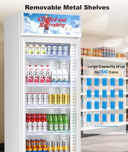 Image of Tylza Commercial Refrigerator with Glass Door Display Beverage Fridge, 13.52 Cu Ft Upright Beverage Cooler Merchandiser with Rebound Door, Fast Cooling, Low Noise, White