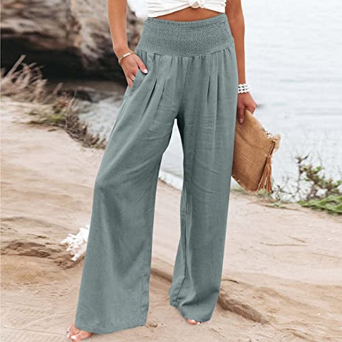 TANGNADE Women Summer Smocked High Waisted Cotton Linen Palazzo Pants Plus Size Wide Leg Casual Loose Travel Gauze Trouser2