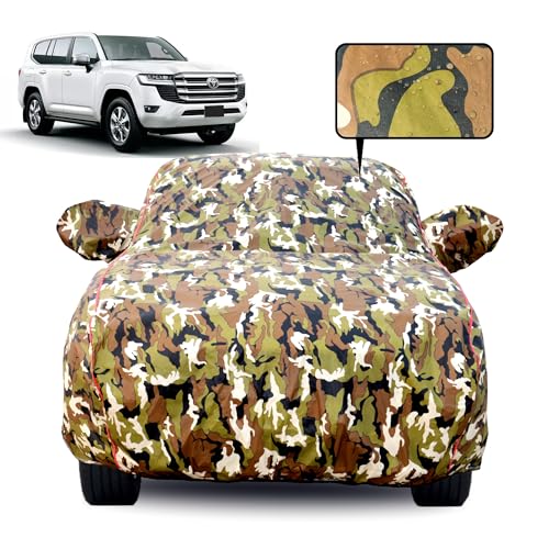 Image of Waterproof Car Body Cover for Toyota Land Cruiser with Mirror Pocket, Soft Cotton Lining, Triple Stitched, Full Bottom Elastic (Heat Resistant Jungle Print with Red Piping)