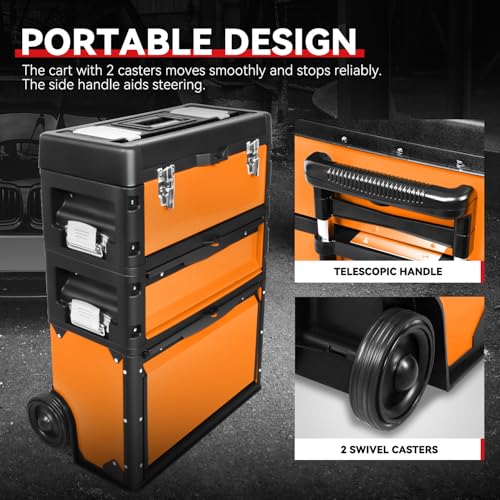 Image of Auto Dynasty Stackable Tool Box 3-Tier Tool Separate Organizer Rolling Tool Chest with Wheels 3-in-1 Upright Trolley for Garage or Workshop, Orange