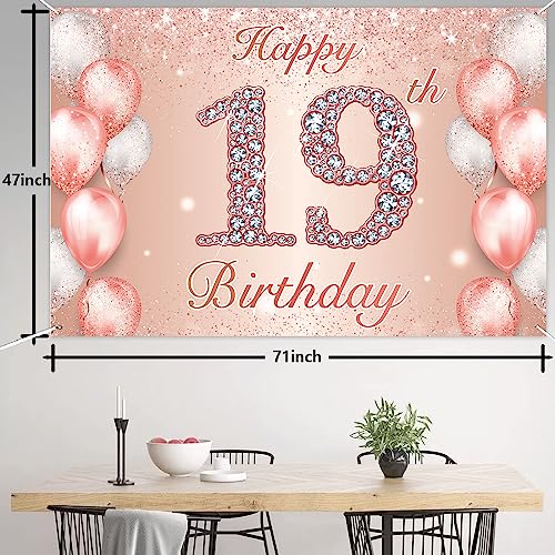 Image of Happy 19th Birthday Rose Gold Banner Cheers to 19 Years Old Backdrop Confetti Balloons Theme Decor for Girls Women 19 Years Old Pink Birthday Party Decorations Bday Supplies Background Gift Glitter