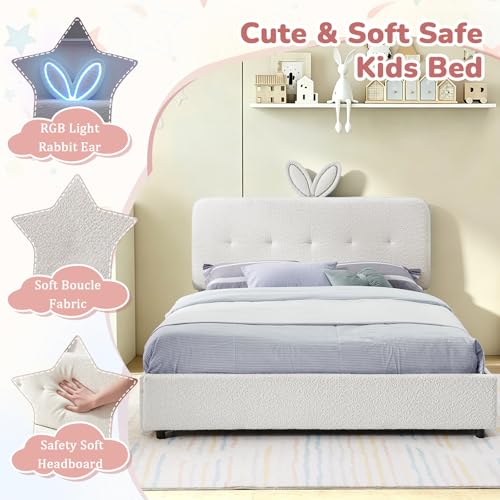 Image of Queen Led Bed Frame with 4 Storage Drawer, Upholstered Platform Floor Bed with Rabbit Ear Headboard Daybed Strong Wooden Slats No Box Spring Needed for Kids Girls Boys, Beige