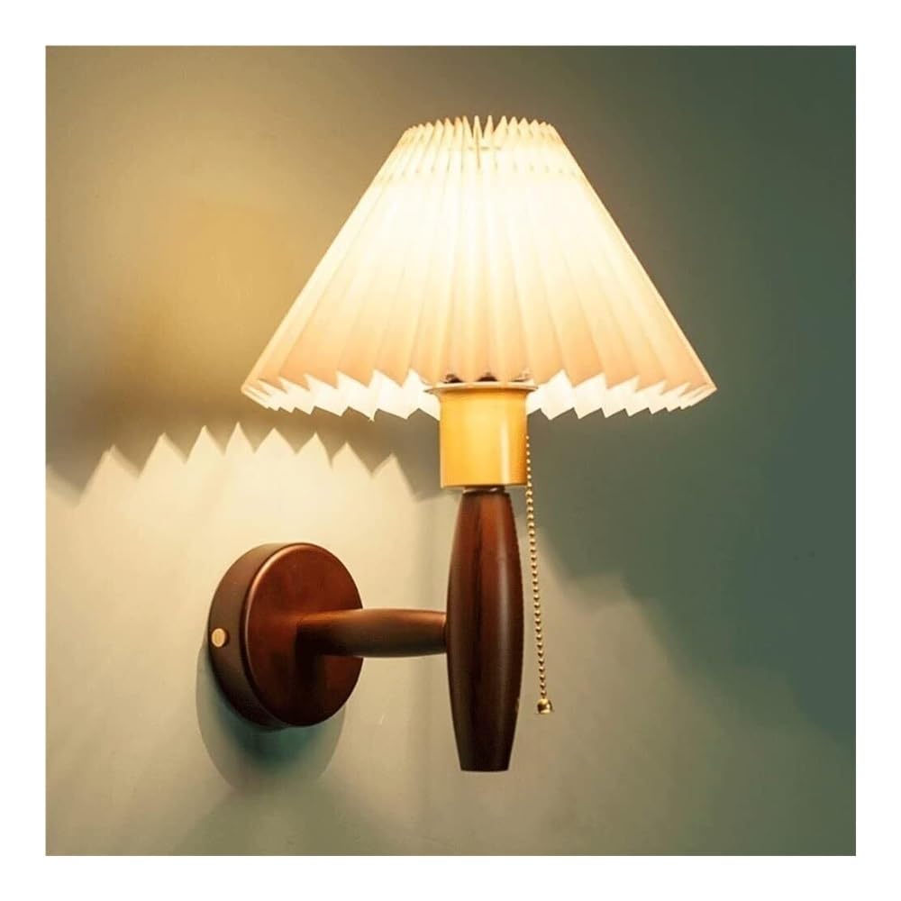 HPTHLY Japanese Bedside Wood Wall Light With Pleated Shade Retro Hallway Stairs Wall Lamp Fixture Home Decor Brass Pull Switch Aisle Wall Sconce For Corridor