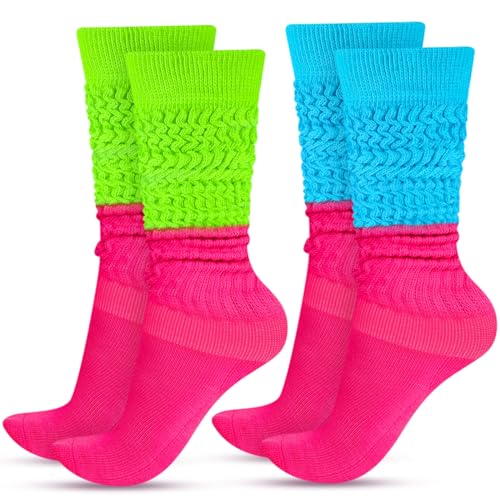 JenPen 2 Pairs Neon Slouch Socks for Women 80s 90s Scrunch Socks Soft Extra Long Size 9 to 10(Rose Red, Fluorescent Green, Blue)