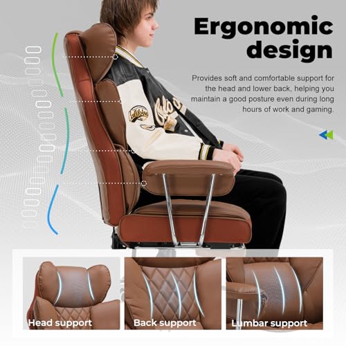 COMHOMA Big and Tall Office Chair, High Back Leather Gaming Chair with Footrest, Executive Ergonomic Office Chairs with Pocket Spring Lumbar Support and with Outward Fixed Soft Armrests
