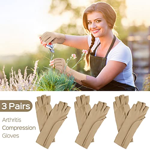 Janmercy 3 Pairs Arthritis Compression Gloves Outside Seams Fingerless Compression Gloves For Women Men Carpal Tunnel Swelling (Nude, Normal) #TOP5