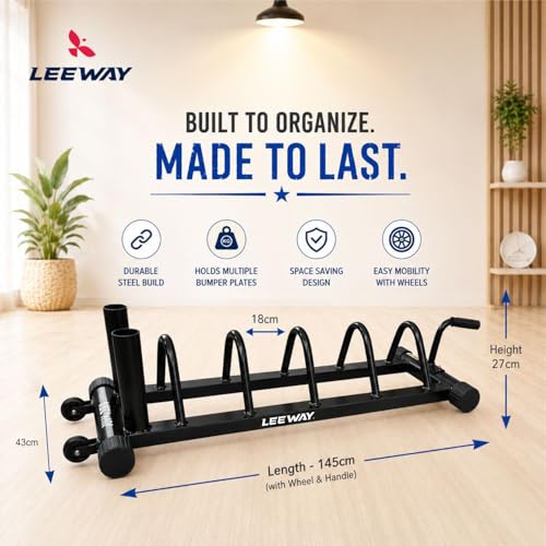 Image of LEEWAY Weight Rack for Home Gym with Barbell Stand | Gym Weight Plate Stand for Home | Heavy-Duty Steel Frame | Bumper Plate & Barbell Organizer | Compact Easy-to-Move Rack for Fitness Studio (Bumper Weight Rack)