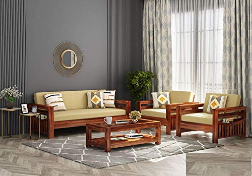 Image of BN Furniture Solid Sheesham Wood Sofa Set 6,5,3&2 Seater Cushioned Back for Living Room Stylish, Durable & Comfortable for Home, Office, Hall, Guest Room (White Cushion Honey Finish, 5 Seater)