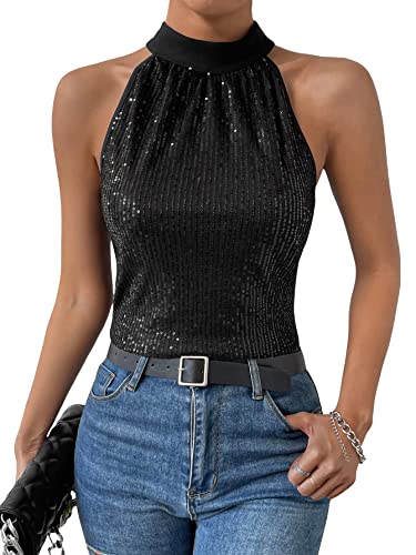 WDIRARA Women's Sequins Sleeveless Tie Back Halter Neck Blouse Party Tops Black XL
