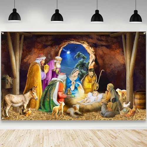 Toile de fond crèche de Noël chrétienne AIBIIN 180x110 cm pour décoration de fête