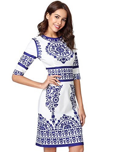 Floerns Women s Porcelain Print Work Sheath Business Pencil Dress A White M
